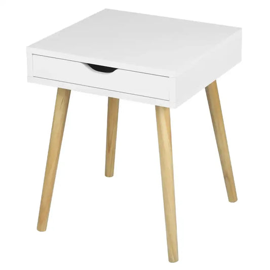 Een wit nachtkastje met één lade en houten poten, ideaal voor een moderne slaapkamer. Geschikt als nachtkastje of bijzettafel voor een minimalistisch interieur.