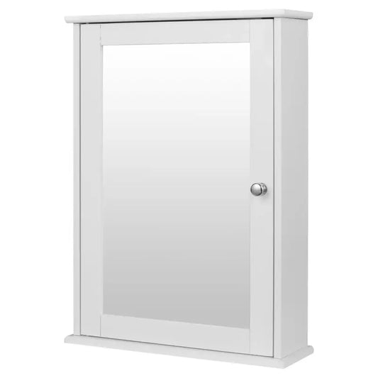 Een witte, klassieke spiegelkast met een glazen deur en een zilverkleurige klink. Geschikt voor badkamer of slaapkamer, biedt deze opbergkast ruimte voor cosmetica en spiegels.