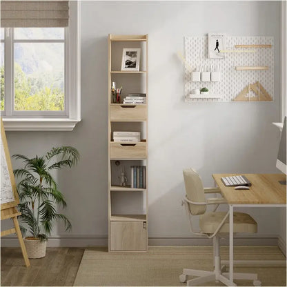 BukkitBow - Staande Boekenkast - Eiken Hout met Melamine Fineer - Ruime Opslag met Deur en Laden