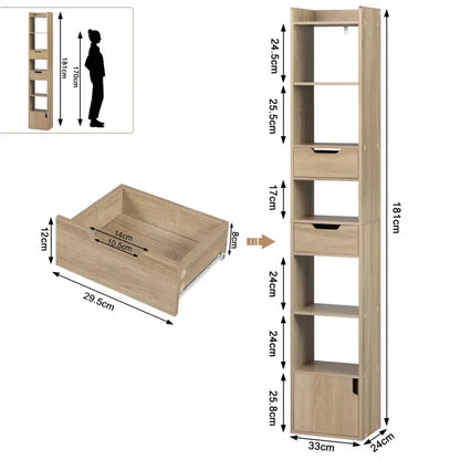 BukkitBow - Staande Boekenkast - Eiken Hout met Melamine Fineer - Ruime Opslag met Deur en Laden