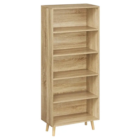 Een lichtgekleurd houten boekenkast met vijf planken en dunne poten, geschikt voor woonkamer of slaapkamer. Ideaal voor het opbergen van boeken en decoratieve items.