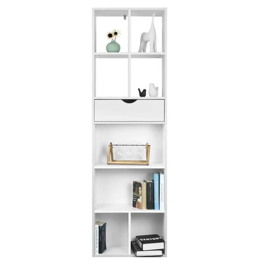 Een witte, moderne opbergkast met meerdere vakken en een centraal geplaatst ladevak, geschikt voor kantoor- of woonruimteorganisatie. Geschikt voor boeken, decoraties of archiefmateriaal.