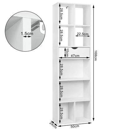 BukkitBow - Staande Boekenkast met Lade - Organizer voor Woonkamer en Slaapkamer - 50x24x168cm - Wit