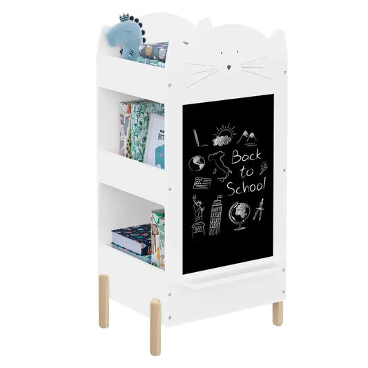 Wit houten kinderboekenkast met kat-ontwerp en krijt, gevuld met kleurrijke boeken en een blauwe speelgoeddinosaurus. Ideaal voor kinderkamer of schoolhoek, met speelgoedopslag en creatieve leerplek.