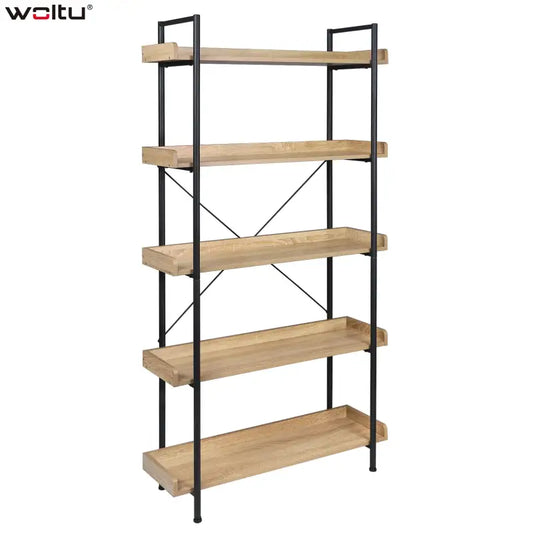 Een hoge, industriële boekenkast met vijf houten planken en zwarte metalen frame, geschikt voor woonkamer of slaapkamer. Ideaal voor boeken, decoratie of opslag in een moderne interieur.