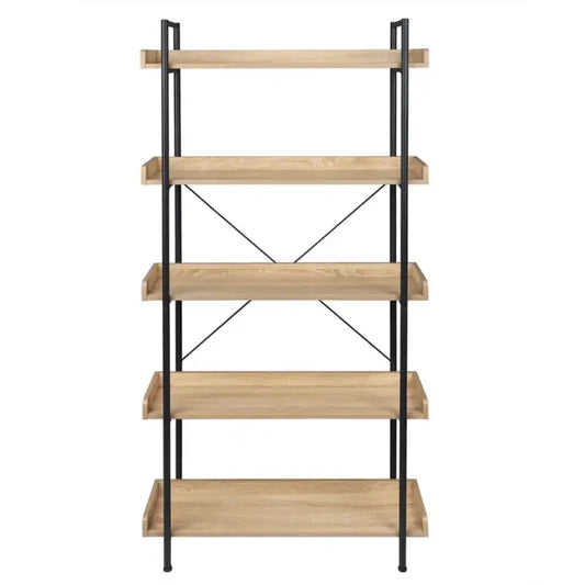 Een hoge, industriële boekenkast met vijf houten planken en zwarte metalen frame, ideaal voor woonkamer of slaapkamer. Perfect voor het opbergen van boeken, decoraties of planten.