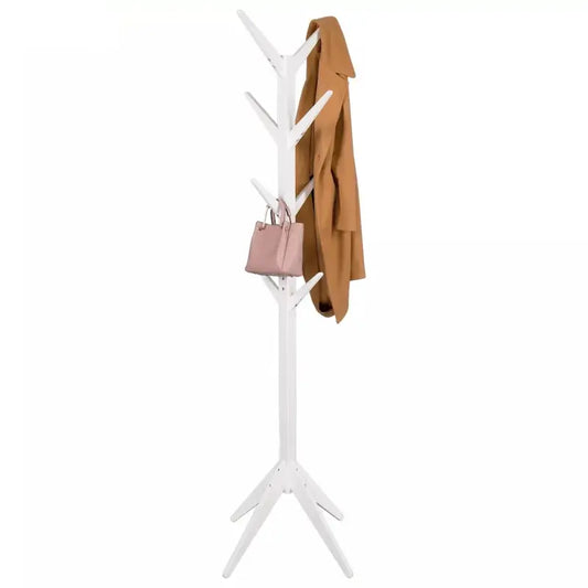 Een witte, boomvormige kledinghanger met meerdere haken, waarop een bruine jas en een roze handtas hangen. Ideaal voor woonkamer of slaapkamer, met een minimalistisch en functioneel design.