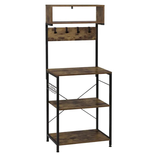 Een hoge, industriële kast met donkerbruine houten planken en zwarte metalen frame, voorzien van een hanger en een wijnrek. Ideaal voor keukenopslag of woonkamerdecoratie.