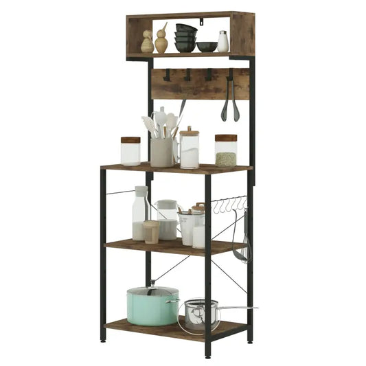Een hoge, industriële kast met donkerbruine houten planken en zwart metaalframe, voorzien van een bovenste houder, vier haken en een wijnrek. Ideaal voor keukenopslag of woonkamerdecoratie.