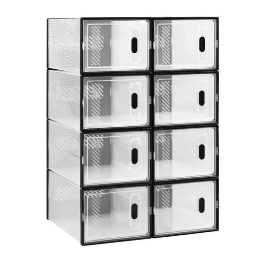 Transparante schoenenkast met zwarte randen en gestreepte panelen, geschikt voor opbergen van schoenen in een kamer of garderobe.