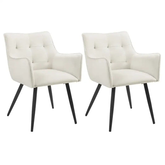 Zwarte, gestoffeerde eetkamerstoelen met witte bekleding en knoppen. Ideaal voor moderne eetkamers of woonkamers met een stijlvolle, minimalistische uitstraling.