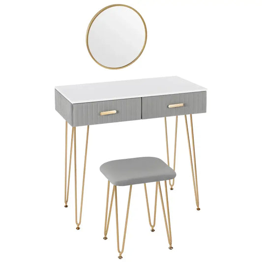 Een moderne make-up tafel met grijze textielkastjes en goudkleurige metalen poten, voorzien van een ronde spiegel. Ideaal voor een stijlvolle make-up of sieradenopslag in de slaapkamer.