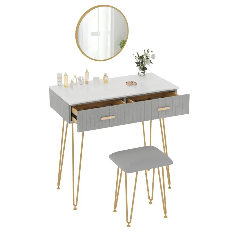 BukkitBow - Stijlvolle Kaptafel Set met Spiegel en Kruk - Stevig Metaal met Fluweel Afgewerkt - Goude Details - 80x77.5x40cm
