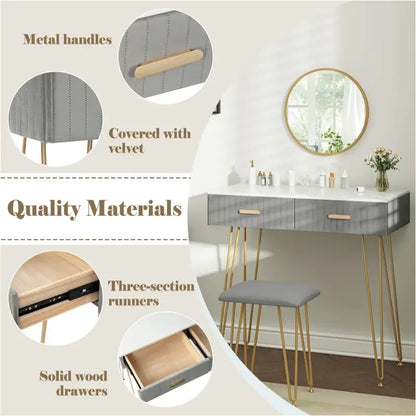 BukkitBow - Stijlvolle Kaptafel Set met Spiegel en Kruk - Stevig Metaal met Fluweel Afgewerkt - Goude Details - 80x77.5x40cm