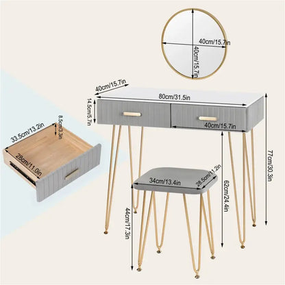 BukkitBow - Stijlvolle Kaptafel Set met Spiegel en Kruk - Stevig Metaal met Fluweel Afgewerkt - Goude Details - 80x77.5x40cm