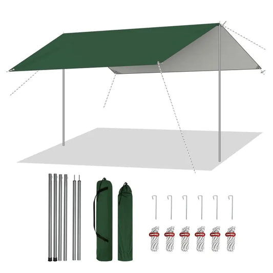 Groene kampeertent met zilveren stangen en witte touwen, inclusief opgevouwen zakken en aansluitende haken voor outdoor gebruik. Geschikt voor kamperen, picknicken en zonbescherming op het strand.