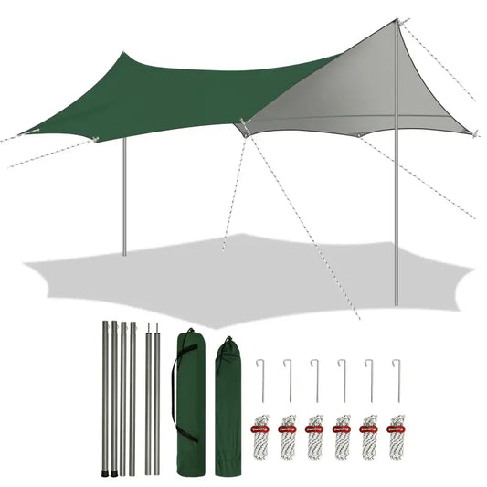Groene kampeerzwaren met zilveren stangen en witte koordjes, uitgebreid met opbergzakken en aansluitende haakjes voor outdoor-activiteiten. Ideaal voor kamperen en zonbescherming op de camping.