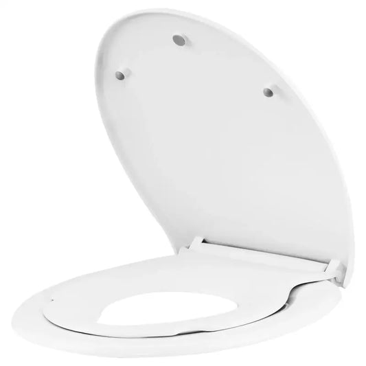Een witte, gladde toiletzitting met opengeslagen deksel, gemaakt van glanzend kunststof. Geschikt voor moderne badkamers en voorzien van een comfortabele, hygiënische zitting.
