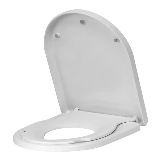Een witte, gladde toiletzitting met opengeslagen deksel, geschikt voor moderne badkamers. Geïntegreerde bevestigingspunten zorgen voor een veilige installatie.
