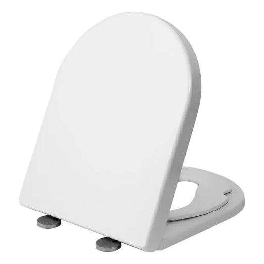 Een witte, gladde toiletzitting met opengeslagen deksel, gemaakt van duurzaam kunststof. Geschikt voor moderne badkamers en gemakkelijk te installeren.