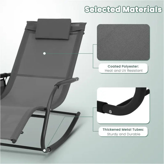 Grijs mesh ligstoel met zwart metalen frame, voorzien van hoofdsteun en zijzak. Ideaal voor ontspanning op terras of in de tuin.