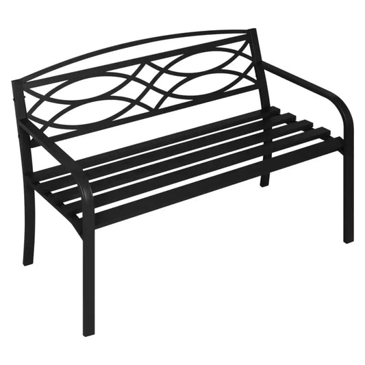 Zwarte metalen tuinbank met elegante, gevlochten rugleuning en gestreepte zitting, geschikt voor buiten. Perfect voor tuin of terras als comfortabele zitplaats.