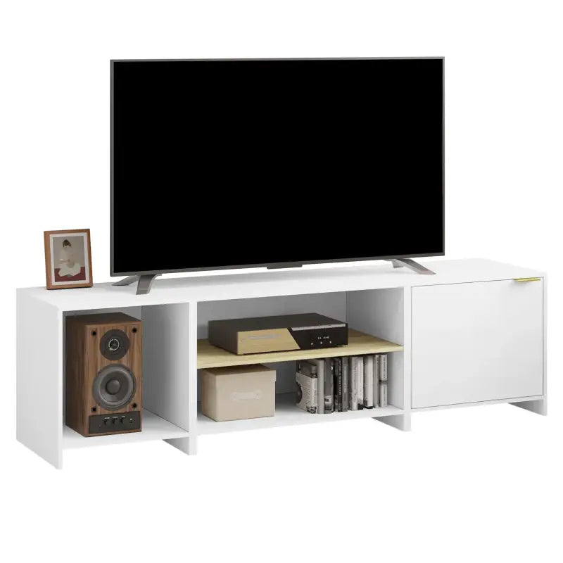 Een witte TV-meubel met glanzende afwerking, voorzien van een deur en open vakken voor een moderne woonkamer. Geïntegreerd met een flatscreen, luidspreker en boeken, ideaal voor thuisentertainment.