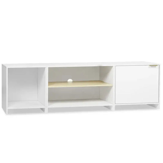 Een witte TV-meubel met glanzende afwerking, voorzien van een deur en open vakken, waarop een flatscreen, luidspreker en boeken zijn geplaatst. Ideaal voor moderne woonkamer- of media-ruimte.