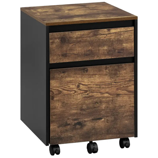 Een mobiele bureaukast met twee laden, donkerbruin houtlook en zwarte metalen frame, voorzien van wieltjes voor gemakkelijke verplaatsing in kantoor of thuis.