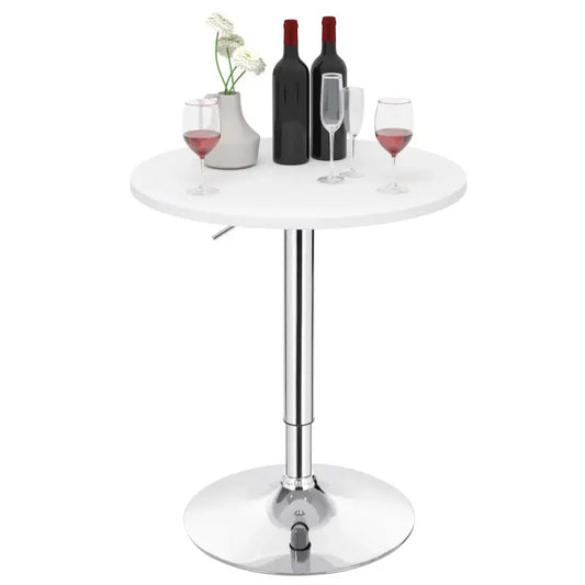Een witte, ronde barhocker met glanzende chromen poten en een verstelbare hoogte, perfect voor een moderne woonkamer of bar. Geïnspireerd op een elegante wijn- en drankentafel voor thuis of bijeenkomsten.