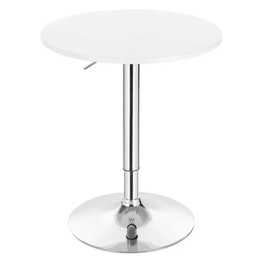 Een witte, ronde barhocker met een glanzende, chromen poten en een verstelbare hoogte, perfect voor een moderne woonkamer of bar. Geïnspireerd op een elegante, minimalistische stijl voor thuis of bijeenkomsten.
