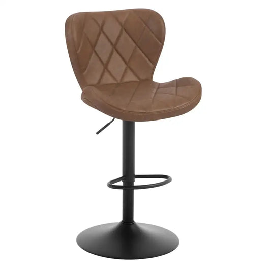 Brown quilted leather bar stool with black metal base and footrest, ideal for modern kitchens or home bars. Adjustable height and ergonomic design for comfortable seating.