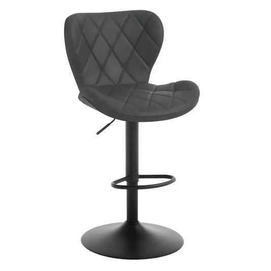 Brown quilted leather bar stool with black metal base and footrest, ideal for modern kitchens or home bars. Adjustable height mechanism visible for ergonomic comfort.