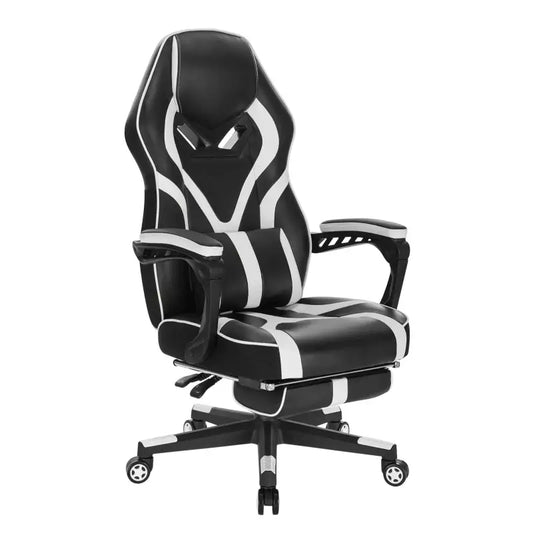 Zwarte gamingstoel met witte accentlijnen en verstelbare armleuningen, geschikt voor langdurig gebruik. Geoptimaliseerd voor gamers en kantoormeubilair met ergonomisch ontwerp.