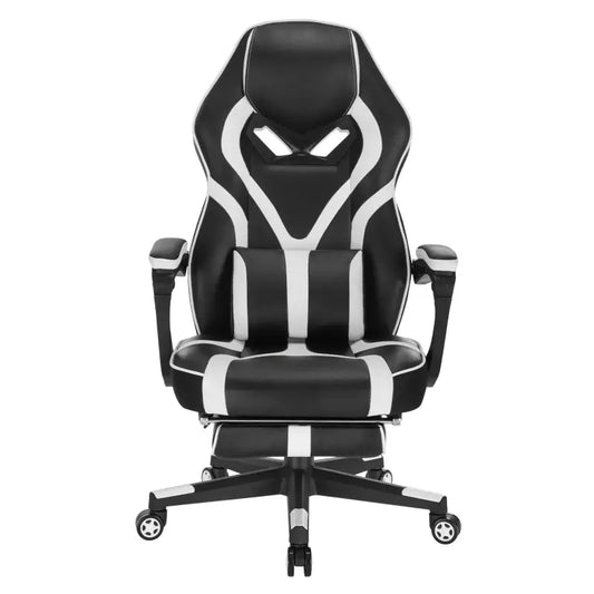 Ergonomische gamingstoel in zwart-wit, met verstelbare armleuningen en hoofdsteun. Geschikt voor langdurig spelen of kantoorwerk, met stijlvolle sportieve lijnen en comfortabele bekleding.