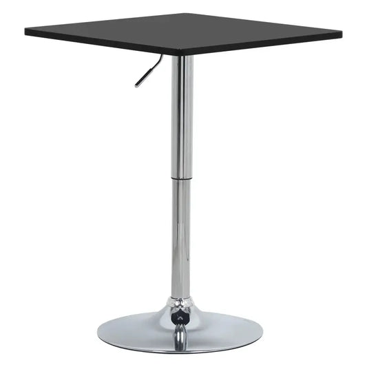Een zwart, vierkant barhokje met een glanzend chromen verhoogbare steel en een brede voet, geschikt voor bar of kantoor. Modern design met verstelbare hoogte voor comfortabele zithoeken.