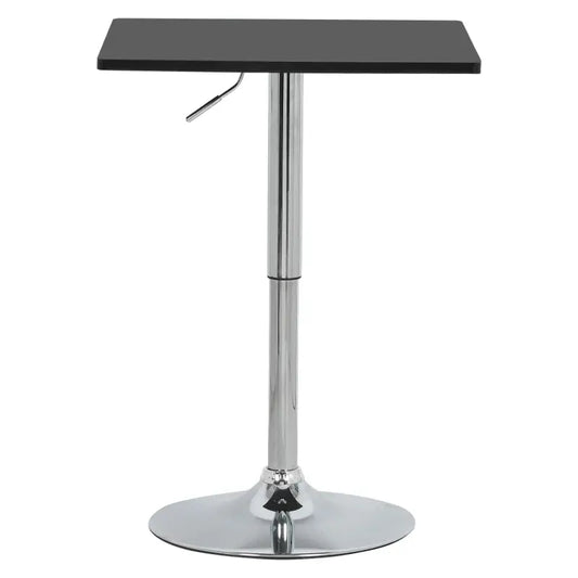 Een zwarte, vierkante barhocker met glanzend chromen poten en een verstelbare hoogte, ideaal voor moderne bars of woonkamers. De zitplaats is glad en strak, met een stijlvolle, minimalistische uitstraling.