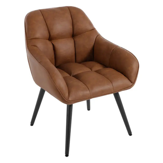 Een bruine, gepolsterde fauteuil met zichtbare naadwerk en zwarte metalen poten, geschikt voor moderne woonkamer- of kantoorruimtes. Comfortabele zitplaats met gestoffeerde rugleuning voor dagelijks gebruik.