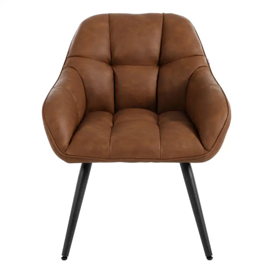 Een bruine, gepolsterde fauteuil met zichtbare naadwerk en zwarte metalen poten, geschikt voor moderne woonkamer- of kantoorruimtes. Comfortabele design met zachte bekleding voor dagelijks gebruik.