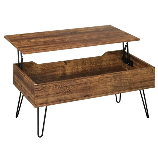 Een bruin houten koffietafel met opklapbaar deksel en zwart metalen haakbenen, geschikt voor woonkameropslag en decoratie.