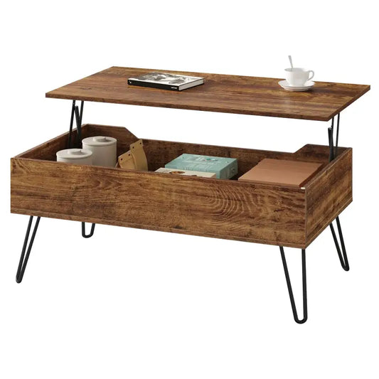 Een bruin houten salontafel met opgeklapte deksel, zichtbare opbergvak en zwarte haakbenen, geschikt voor woonkamer of slaapkamer met opbergruimte.