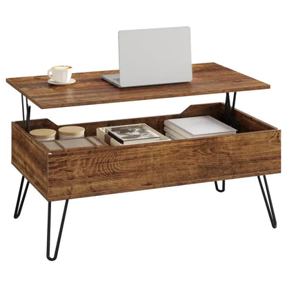 BukkitBow - Vintage Houten & Metalen Salontafel - Hoogte Verstelbaar met Verborgen Opslag - Industrieel Ontwerp