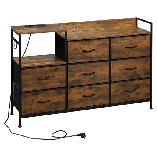 Een industriële kast met donkerbruine houten fronten en zwarte metalen frame, voorzien van acht laden met zwart handvat en een opbergvak met stroomaansluiting, geschikt voor slaapkamer of woonkamer.