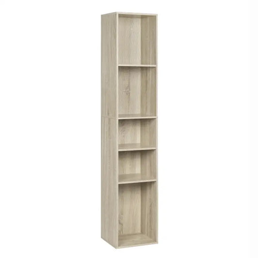Een lichtgrijze, houtlook boekenkast met vier open vakken, geschikt voor woonkamer of slaapkamer. Ideaal voor het opbergen van boeken, decoraties of kleinere items in een moderne woonruimte.