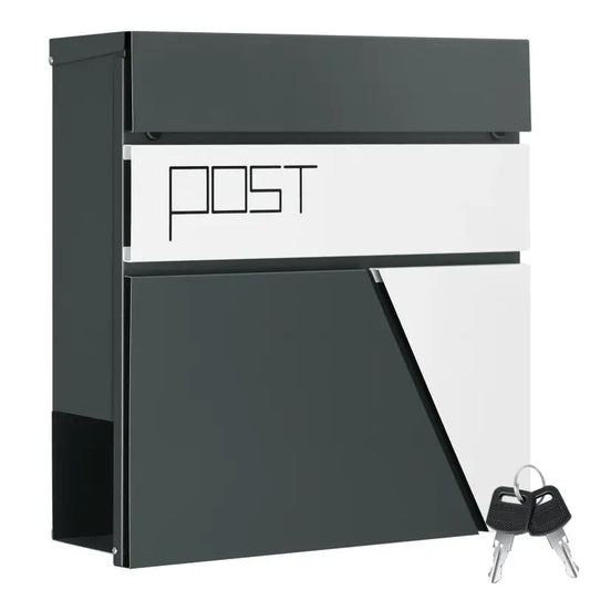 Een moderne, zwart-wit brievenbus met minimalistisch 'POST'-lettertype en schuifdeur. Gebruik deze brievenbus voor veilige postontvangst en huisbeveiliging.