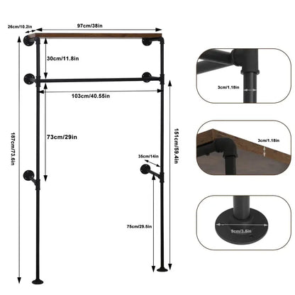 BukkitBow - Wandgemonteerd Kledingrek - Industriël / Vintage Stijl - Met Kledingrail en Plank - Robuust en Ruimtebesparend - 103x35x187cm