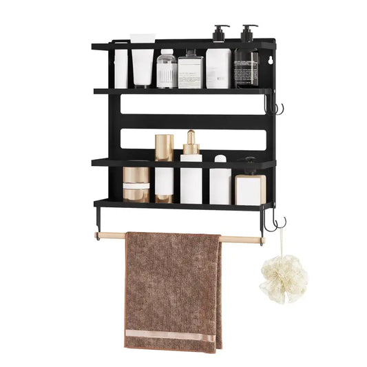Zwart metalen doucheschuifrek met houten handdoekhanger, gevuld met cosmetica en een bruine handdoek. Ideaal voor badkamerorganisatie en spa-ruimte optimalisatie.