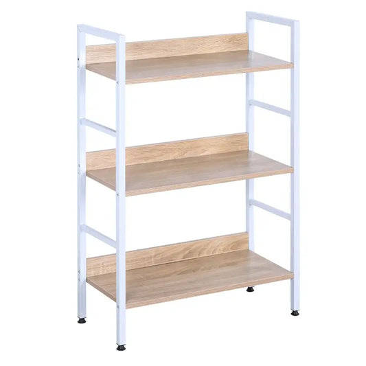Een witte, drie-laagse boekenkast met houten planken in licht eikenlook, geschikt voor woonkamer of slaapkamer. Ideaal voor opslag van boeken, decoraties of kleine meubels.