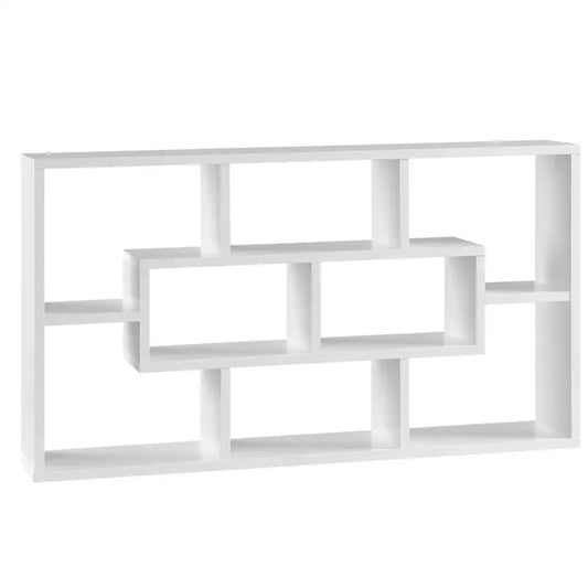 Een witte, geometrische wandkast met meerdere vakken voor decoratieve opslag. Geschikt voor moderne woonkamer of kantoordecoratie met minimalistische stijl.