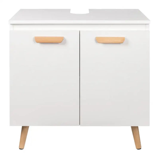 Een witte, minimalistische badkamerkast met houten handgrepen en poten, geschikt voor moderne badkamers. Geschikt voor badkameropslag en stijlvolle interieurstyling.